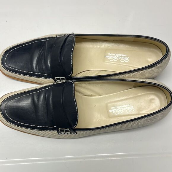 Brooks Brothers Beige Navy Twill and Leather Classic Slip-On Loafers- Size 8 - Picture 4 of 13